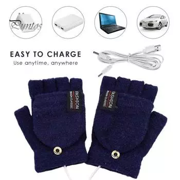 1 пара зимних перчаток с подогревом, зарядка через USB, двухсторонний подогрев, моющиеся, толстые трикотажные перчатки без пальцев, высокоэластичные, для офиса, набора текста, для студентов, для письма темно-синий