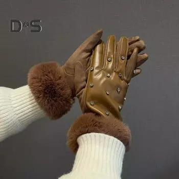 1 пара зимних перчаток унисекс с утолщенной бархатной подкладкой, ветрозащитных, для сенсорного экрана, со стразами, противоскользящих, для холодной погоды, для выпускного вечера, вечеринки, свиданий бежевый