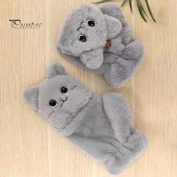 1 пара зимних полупальцевых перчаток с рисунком мультяшного кота, толстый плюш с напальчником, нескользящие студенческие перчатки для письма, перчатки для набора текста для использования на улице или дома белый