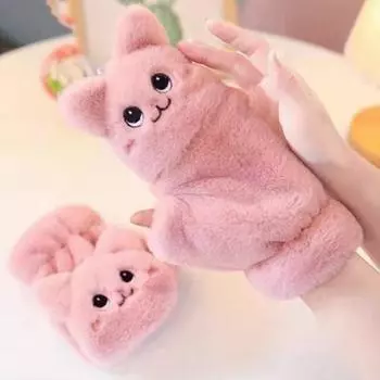 1 пара зимних полупальцевых перчаток с рисунком мультяшного кота, толстый плюш с напальчником, нескользящие студенческие перчатки для письма, перчатки для набора текста для использования на улице или дома хаки