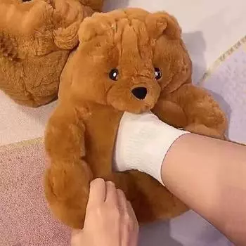 1 пара зимних теплых хлопковых туфель, пушистые утолщенные мягкие плюшевые туфли в форме медведя с рисунком медведя, сохраняющие тепло, однотонные противоскользящие домашние женские тапочки разноцветный