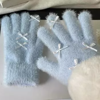 1 пара зимних теплых перчаток с бантом для женщин и девочек, милые однотонные перчатки, варежки, устойчивые к холоду, ветрозащитные перчатки для верховой езды, подарки розовый