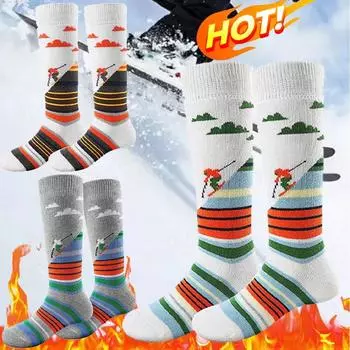 1 пара зимних теплых утолщенных лыжных носков, махровые носки длиной до колена, дышащие, спортивные, удобные для зимы серый