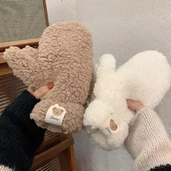 1 пара зимних варежек для езды на велосипеде с ремешком на шее, утолщенные плюшевые ветрозащитные с рисунком медведя из мультфильма хаки