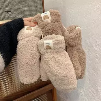 1 пара зимних варежек для езды на велосипеде с ремешком на шее, утолщенные плюшевые, с рисунком медведя из мультфильма, ветрозащитные, трикотажные, нескользящие, для холодной погоды, для вождения и гольфа белый