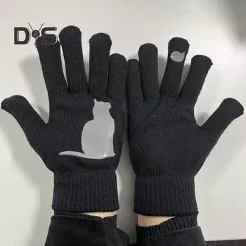 1 пара зимних вязаных перчаток, толстые плюшевые однотонные с принтом кошек и птиц, высокоэластичные, ветрозащитные, сохраняющие тепло, перчатки для велоспорта серый