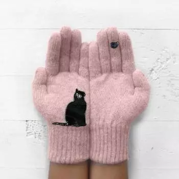 1 пара зимних вязаных перчаток, толстые плюшевые однотонные с принтом кошек и птиц, высокоэластичные, ветрозащитные, сохраняющие тепло, перчатки для велоспорта серый