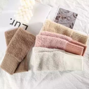 1 пара зимних женских перчаток с полупальцами, толстые плюшевые трикотажные эластичные перчатки для защиты запястья сенсорного экрана, сохраняющие тепло, офисные перчатки для набора текста, для студентов, для письма розовый