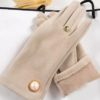 1 пара зимних женских перчаток с сенсорным экраном на 2 пальца, элегантные ветрозащитные ветрозащитные утолщенные теплые женские перчатки с искусственным жемчугом для езды на мотоцикле, велосипедные перчатки абрикосовый