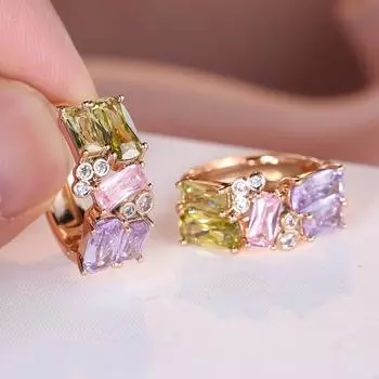 1 пара золотистого цвета, прямоугольные серьги розового, фиолетового, оливково-зеленого цвета, серьги принцессы с камнями, висячие серьги-крючки, свадебные украшения, подарки фиолетовый
