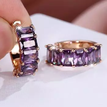 1 пара золотистых серег-капель прямоугольной огранки с фиолетовым камнем, висячие серьги-крючки, свадебные украшения, подарки фиолетовый