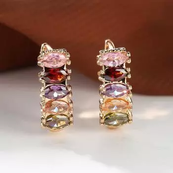 1 пара золотых серег-кольц с огранкой «маркиз», розовых, красных, фиолетовых, цвета шампанского, зеленого камня, модные серьги-кольца с радужным камнем для женщин, подарок на вечеринку разноцветный