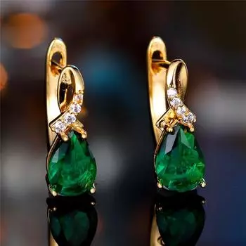 1 пара золотых сережек-капель с зеленым цирконием в форме капли для женщин, роскошные золотые серьги-кольца, свадебные украшения зелёный/золотой