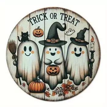 1 Pc 2D Creative Wooden Halloween Three Cute Ghost Broom Spoof Pumpkins 7.9Inch/20cm Round Hanging Sign Wall Door Decor Wall Art светло-серый
