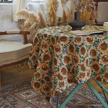 1 PC American Countryside Style Sunflower Round Table Tablecloth, Decorated With Retro Polyester Fiber Rectangular Thick Dust-Pr 90*140cm
