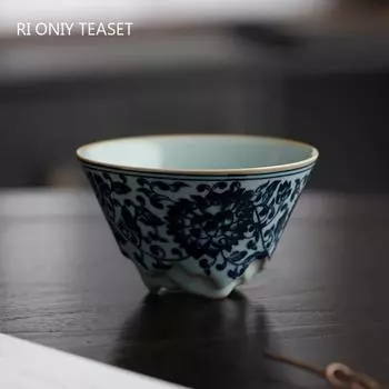 1 Pc Chinese Vintage Blue and White Ceramic Tea Cup Handmade Ru Kiln Tea Bowl Household Teaware Travel Master Teacup 80ml 8.5x5cm 80ml