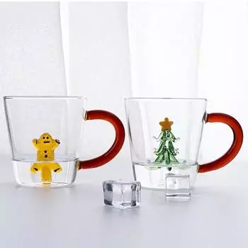 1 PC Creative Christmas Cup Juice Milk Cartoon Glass Clear 3D Tree Ginger Breadman Build In Coffee Glass Mug with Amber Handle 301-400ml