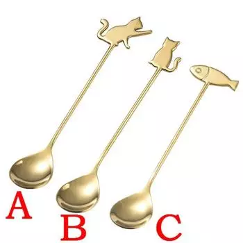 1 PC Fashion Stainless Steel Spoon Creative Cartoon Coffee Spoon Cute Cat Dessert Spoon Cartoon Fish Cake Gift A серебряный