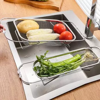 1 pc Multifunctional Sink Drainer Expandable Stainless Steel Drain Basket Durable Colander for Vegetable Fruits Pasta