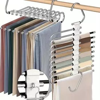 1 pc Stainless Steel Retractable Trouser Rack Folding Multi-functional Multi-layer Hanger Home Storage Clothes Drying Rack