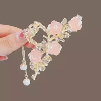 1 Pcs Fashion Exquisite Rhinestone Pink Rose Flower Pearl Tassel Hair Claws For Women Girls Party Hair Accessories