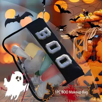 1 Pcs Halloween Candy Gift Bag Clear PVC Nylon Chenille Letter Makeup Bag Cartoon Lightweight Travel Organizer Toiletry Bag