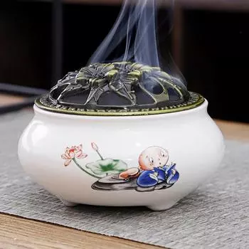 1 pcs Landscape Meditation Lotus Theme Celadon Ceramic Incense Burner Home Furnishings Sandalwood Incense Burner