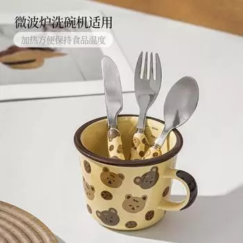 1 Piece 320ml 11oz Ceramic Mug Coffee Cup Cute Bear Cookie Prints Retro Breakfast Cup Oatmeal Coffee Milk Water Drinking Mug 301-400ml