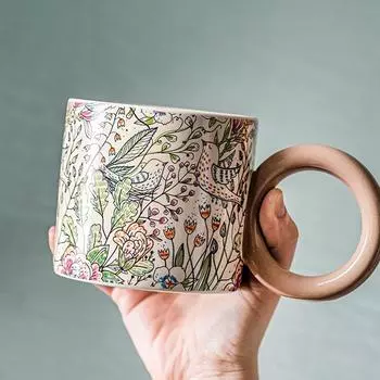 1 Piece 350ml 12oz Ceramic Mug Coffee Cup British Style Tea Mug With Big Round Handle With Cute Flower Bird Printings 301-400ml