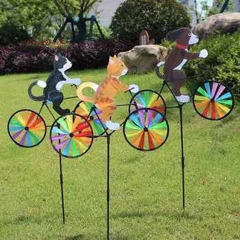 1 Piece Animal Riding 3D Cartoon Coffee Dog Cat Modelling Windmill Bicycle Wind Spinners Standing Pole Garden Yard Decoration