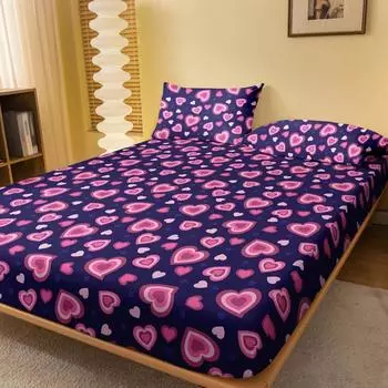 1 Piece Four Ring Pink Heart Pattern Sanded Fitted Sheet, Heart Printed Bedspread For Bedroom, Bedding (Not Include Pillowcase) 71x132cm