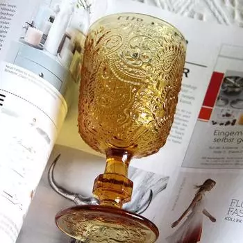 1 Piece Vintage Embossed Green Amber Glasses Goblet Heavy Thick Wine Glasses Goblets Stemware Side Water Whiskey Glass Cup 301-400ml