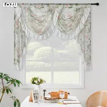 1 предмет LOZUJOJU, хит продаж, весенний свежий принт с рюшами, прозрачная занавеска для кухни, спальни, гостиной, украшение для окна 155x125 см W155cm x L125cm зелёный