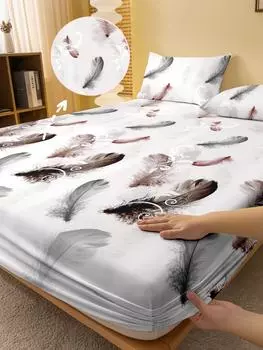 1 простая современная матовая простыня на резинке с принтом перьев, покрывало для кровати с принтом в спальню, постельное белье (Исключая наволочки) 71x132cm