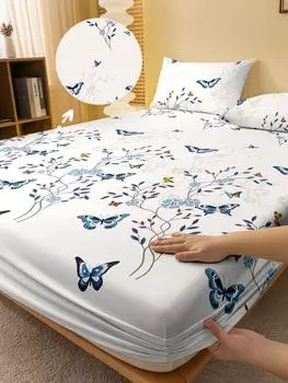 1 простая современная матовая простыня на резинке с принтом в виде растений, цветов и бабочек, покрывало для кровати с принтом в спальню, постельное белье (Исключая наволочки) 71x132cm