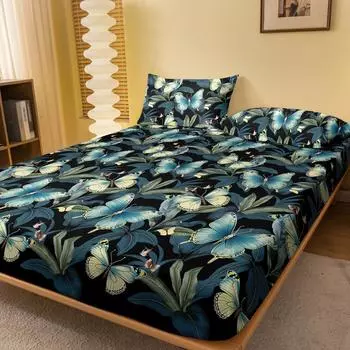 1 простая современная матовая простыня на резинке с принтом в виде растений, цветов и бабочек, покрывало для кровати с принтом в спальню, постельное белье (Исключая наволочки) 71x132cm