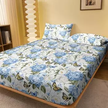 1 простая современная матовая простыня на резинке с принтом в виде растений, цветов и бабочек, покрывало для кровати с принтом в спальню, постельное белье (Исключая наволочки) 71x132cm