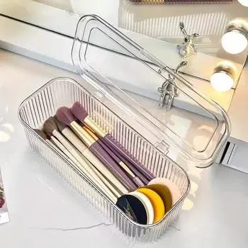 1 прозрачный пластиковый контейнер для хранения косметики с крышкой, не требует питания, пылезащитная кисточка для хранения, губка, помада
