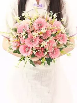 1 пучок искусственных ромашек, подсолнечника, герберы, 7 головок, искусственные хризантемы, искусственные цветы, используемые для украшения дома, свадебной вечеринки розовый