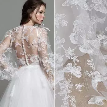 1 ярд кружевная ткань с бабочкой и цветочной вышивкой, мягкий тюль для свадебного платья, праздничное платье, домашний декор, ширина 150 см белый