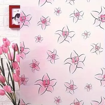 1 Roll with Adhesive Powder Lily Pattern Window Film Window Stickers, Cuttable Glass Window Stickers Bathroom Office Kitchen Window 5m