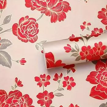 1 рулон обоев с изображением красного пиона размером 17,7*393,7 дюйма — легко наклеиваются и подходят для использования в качестве обоев в холодильниках и для украшения кухни! Украсьте свой дом 45*300cm/17.7*118in