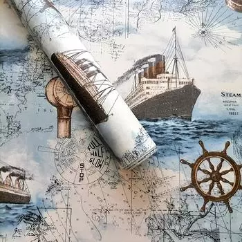 1 рулон самоклеящихся обоев в стиле винтажной парусной эпохи размером 17,7 * 393,7 дюйма, используемых для украшения рабочих столов, домашнего декора. Украсьте свой дом! 45*300cm/17.7*118in