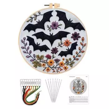 1 Set Halloween Embroidery Kit with Hoop Threads Scissors Threader Beginners Gothic Stamped Cross Stitch Hand Embroidery Starter Kit DIY Enthusiasts A