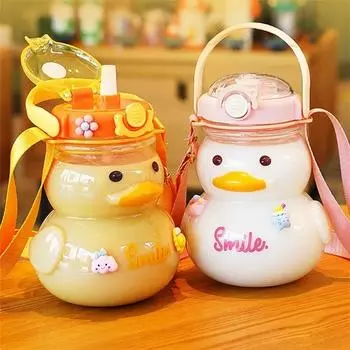 1 шт. 1000 мл бутылка для воды в виде милой утки с ремешком и соломинкой для девочек, пластиковый стаканчик, портативная бутылка для питья, детская бутылка для воды, не содержит BPA 1.0L розовый
