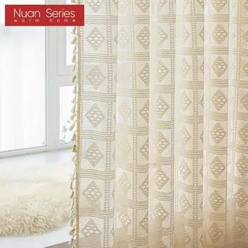 1 шт. 10-20% затемняющая французская ретро однотонная ажурная ромбовидная сетка с бахромой полупрозрачная штора для гостиной спальни балкона домашний декор серия Nuan W100cm x L130cm бежевый