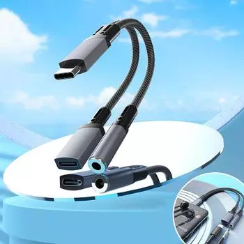 1 шт. 10 Вт 2-в-1 адаптер для быстрой зарядки Type-C на 3,5 мм для наушников, аудиоадаптер для Apple 15 Samsung Huawei серый