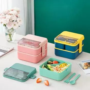 1 шт. 1100 мл пластиковый ланч-бокс с вилкой и ложкой, герметичный для микроволновой печи, школьный офисный работник, портативный контейнер для фруктов, закусок, еда Tupperware 1100ML