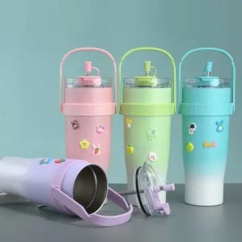 1 шт. 1200 мл/40 унций бутылка для воды из нержавеющей стали с вакуумной изоляцией, ручкой и соломинкой, стакан для воды, летняя и зимняя посуда для питья 40oz