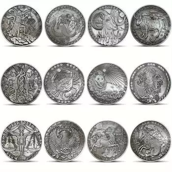 1 шт., 12 созвездий, монета зодиака, вызов, древние серебристые памятные монеты, домашний декор, ремесла, художественная коллекция, подарочная копия монеты Aquarius золотой